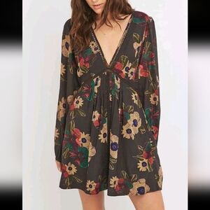 Free People Floral Mini Dress with Red, Green, Gold and Purple Accents